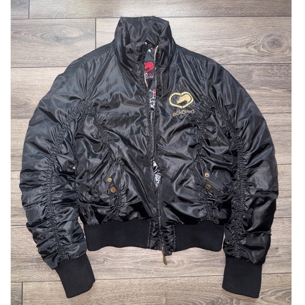 VTG Y2K Ecko Red Womens Black Ruched Bomber Jacket Gold Rhino Heart Logo Size L